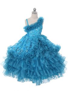 Teal Lace Up Asymmetric Lace and Ruffles and Ruffled Layers Pageant Dress Toddler Organza Sleeveless