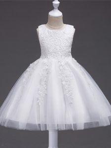Great White Ball Gowns Scoop Sleeveless Tulle Knee Length Zipper Appliques Pageant Dress