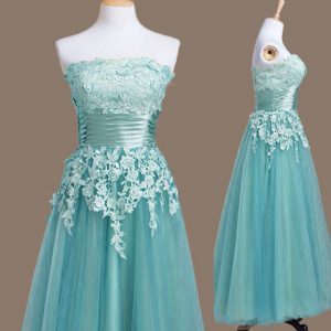 Adorable Light Blue Sleeveless Appliques Tea Length Court Dresses for Sweet 16