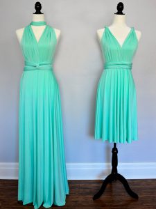 Fancy Turquoise Chiffon Lace Up V-neck Sleeveless Floor Length Quinceanera Dama Dress Ruching