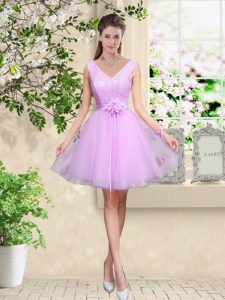 Elegant Lilac Sleeveless Knee Length Lace and Belt Lace Up Vestidos de Damas