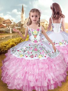 On Sale Rose Pink Sleeveless Floor Length Embroidery and Ruffled Layers Lace Up Kids Pageant Dress