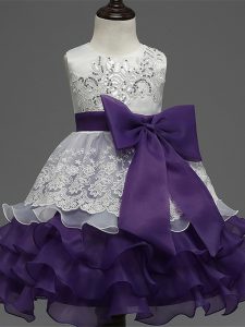 White And Purple Sleeveless Organza Zipper Child Pageant Dress for Wedding Party