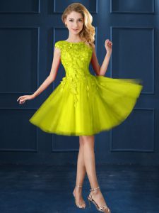 Cap Sleeves Lace Up Knee Length Lace and Appliques Vestidos de Damas