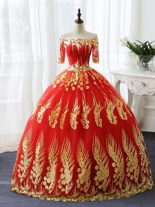 Red Half Sleeves Floor Length Appliques Lace Up Quinceanera Gowns