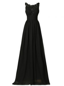 Scoop Sleeveless Dama Dress for Quinceanera Floor Length Appliques Black Chiffon