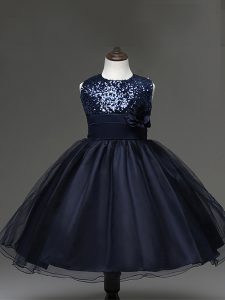 On Sale Navy Blue Tulle Zipper Scoop Sleeveless Knee Length Girls Pageant Dresses Sequins and Hand Made Flower
