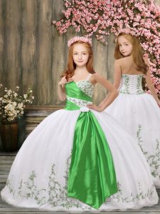 White Organza Lace Up Straps Sleeveless Floor Length Kids Formal Wear Embroidery and Belt