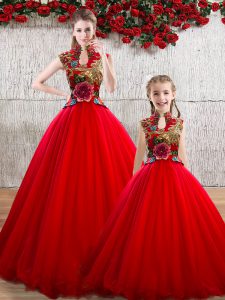 Exceptional Red Ball Gowns Appliques Quinceanera Gown Lace Up Organza Sleeveless Floor Length