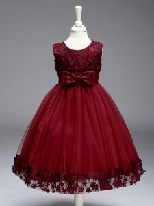 High Quality Tea Length Burgundy Pageant Gowns For Girls Tulle Sleeveless Appliques and Bowknot