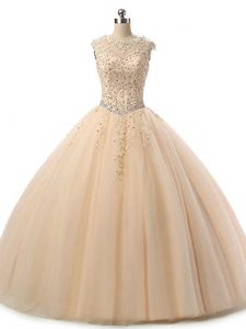 Deluxe Champagne Ball Gowns Tulle Scoop Sleeveless Beading and Lace Floor Length Lace Up Quinceanera Gowns