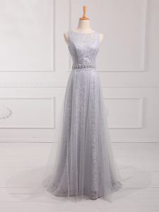 Zipper Quinceanera Dama Dress Grey for Prom and Party and Wedding Party with Beading and Lace Brush Train