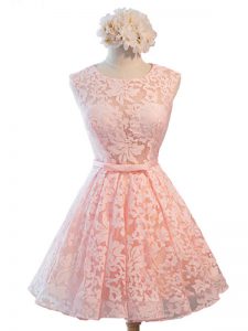 Super Knee Length Pink Quinceanera Court of Honor Dress Lace Sleeveless Belt