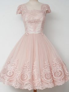 Luxury Peach Zipper Quinceanera Court of Honor Dress Lace Cap Sleeves Knee Length