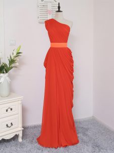 Fancy Coral Red Empire One Shoulder Sleeveless Chiffon Floor Length Zipper Pick Ups Quinceanera Dama Dress