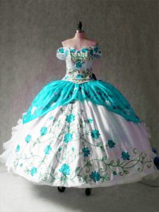 Extravagant Multi-color Lace Up Off The Shoulder Embroidery and Ruffles Sweet 16 Quinceanera Dress Organza and Taffeta Cap Sleeves