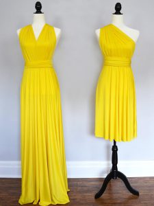 Floor Length Empire Sleeveless Yellow Vestidos de Damas Lace Up