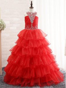 Sleeveless Beading and Ruffled Layers Lace Up Child Pageant Dress