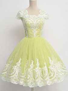 Hot Sale Cap Sleeves Tulle Knee Length Zipper Court Dresses for Sweet 16 in Yellow Green with Lace