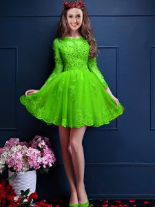 Amazing Green A-line Scalloped 3 4 Length Sleeve Chiffon Mini Length Lace Up Beading and Lace and Appliques Quinceanera Court Dresses
