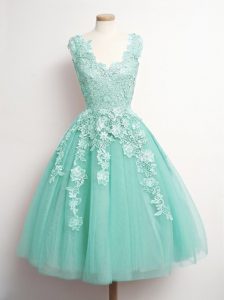 New Arrival Aqua Blue Sleeveless Tulle Lace Up Dama Dress for Prom and Party and Wedding Party
