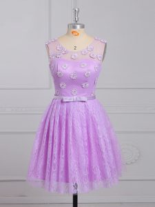 Smart Lilac Lace Up Scoop Appliques and Belt Court Dresses for Sweet 16 Lace Sleeveless
