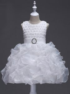 Fashionable Sleeveless Lace Up Knee Length Ruffles and Belt Pageant Dress for Girls