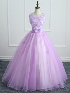 Nice Sleeveless Lace Up Floor Length Lace and Appliques and Bowknot Quince Ball Gowns