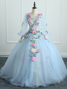 Spectacular Light Blue Long Sleeves Appliques and Hand Made Flower Floor Length Quinceanera Dresses