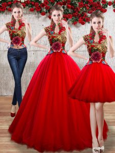 Red Organza Lace Up High-neck Sleeveless Floor Length 15th Birthday Dress Appliques