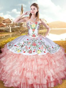 Fantastic Sleeveless Organza and Taffeta Floor Length Lace Up Quinceanera Dress in Peach with Embroidery and Ruffled Layers