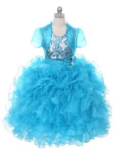 Nice Floor Length Lace Up Little Girl Pageant Dress Baby Blue for Wedding Party with Ruffles and Sequins and Bowknot