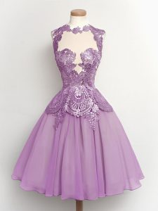 Hot Sale Lilac A-line Chiffon High-neck Sleeveless Lace Knee Length Lace Up Court Dresses for Sweet 16