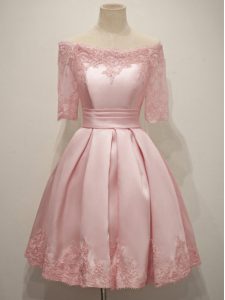 Enchanting Lace Quinceanera Dama Dress Pink Lace Up Half Sleeves Knee Length