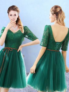 Green Tulle Backless Dama Dress Half Sleeves Knee Length Lace