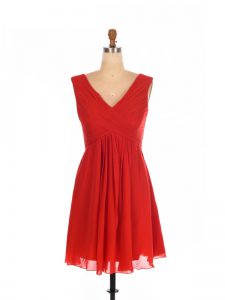 Fashionable Red Empire Ruching Quinceanera Dama Dress Zipper Chiffon Sleeveless Mini Length