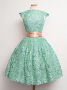 Turquoise Square Lace Up Belt Quinceanera Court of Honor Dress Cap Sleeves