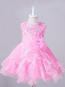 Exquisite Rose Pink Scoop Neckline Beading and Hand Made Flower Pageant Dress for Teens Sleeveless Zipper
