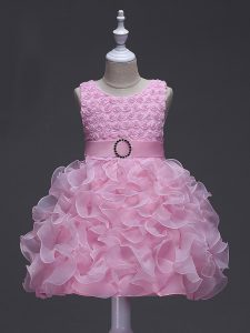 Best Rose Pink Custom Made Pageant Dress Wedding Party with Ruffles and Belt Scoop Sleeveless Lace Up