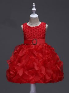 Red Little Girl Pageant Dress Wedding Party with Ruffles and Belt Scoop Sleeveless Lace Up