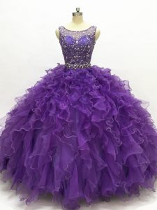 Traditional Purple Organza Lace Up 15 Quinceanera Dress Sleeveless Floor Length Beading and Ruffles
