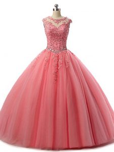 Extravagant Watermelon Red Sleeveless Beading and Lace Floor Length Quinceanera Gowns