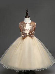 Adorable Champagne Sleeveless Tea Length Sequins and Bowknot Zipper Custom Made Pageant Dress