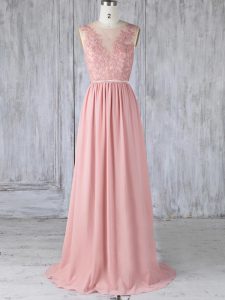 Customized Pink Backless Scoop Appliques Quinceanera Dama Dress Chiffon Sleeveless Sweep Train