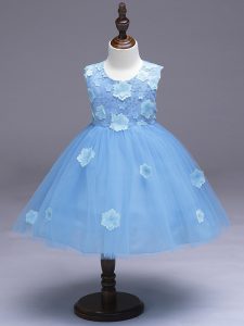 Light Blue Sleeveless Appliques and Bowknot Knee Length High School Pageant Dress
