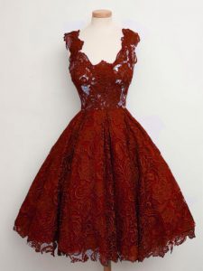 Admirable Lace Quinceanera Dama Dress Rust Red Lace Up Sleeveless Knee Length