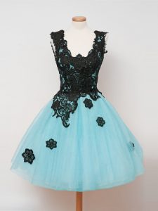 Lovely Aqua Blue Ball Gowns Lace Dama Dress Zipper Tulle Sleeveless Knee Length