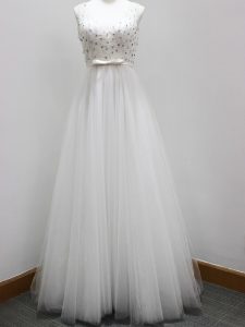 Dazzling White Quinceanera Court Dresses Tulle Brush Train Sleeveless Beading and Belt