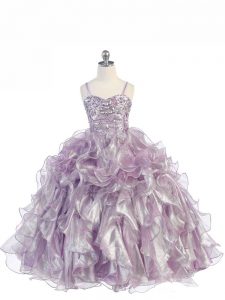 Floor Length Lace Up Winning Pageant Gowns Lavender for Wedding Party with Beading and Ruffles
