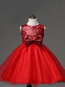 Elegant Tea Length Ball Gowns Sleeveless Red Little Girls Pageant Gowns Zipper